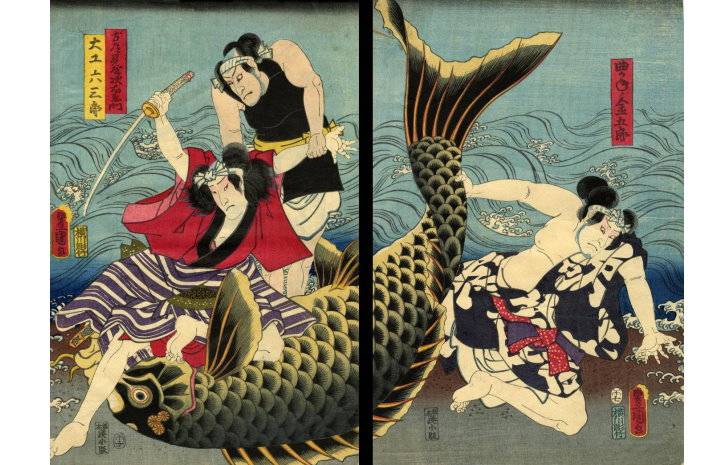 Utagawa Kunisada, The Carpenter Rokusaburo Catching the Carp, ca. 1850